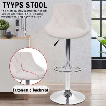 Tyyps Modern Bar Stools Set of 2 Counter Height Adjustable Bar Chairs with Back and Chrome Base PU Leather Barstools Island Chairs for Kitchen Living Room Pub Swivel Bar Stools (White)