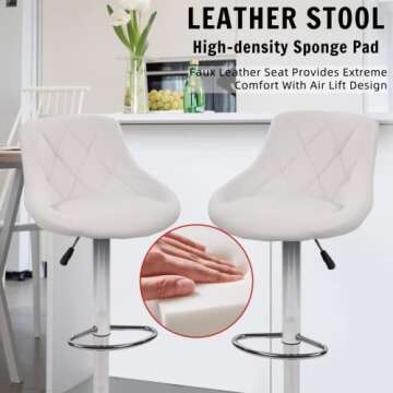 Tyyps Modern Bar Stools Set of 2 Counter Height Adjustable Bar Chairs with Back and Chrome Base PU Leather Barstools Island Chairs for Kitchen Living Room Pub Swivel Bar Stools (White)