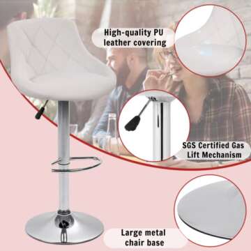 Tyyps Modern Bar Stools Set of 2 Counter Height Adjustable Bar Chairs with Back and Chrome Base PU Leather Barstools Island Chairs for Kitchen Living Room Pub Swivel Bar Stools (White)