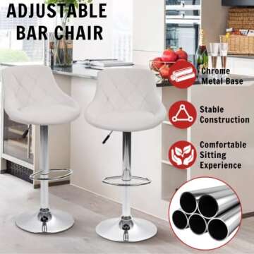 Tyyps Modern Bar Stools Set of 2 Counter Height Adjustable Bar Chairs with Back and Chrome Base PU Leather Barstools Island Chairs for Kitchen Living Room Pub Swivel Bar Stools (White)