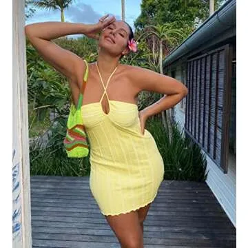 Women´s Sexy Summer Halter Neck Mini Dress Y2k Sleeveless Backless V Neck Bodycon Short Dresses Club Party Wear