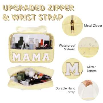 Iqimott Chenille Letter Patch Mama Bag, Preppy Clear Makeup Cosmetic Bag Large Toiletry Storage Tote Bag with Handle, Transparent Nylon Waterproof Organizer Zipper Pouch for Travel Women Girls(Beige)