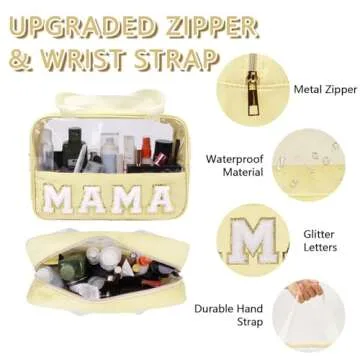 Iqimott Chenille Letter Patch Mama Bag, Preppy Clear Makeup Cosmetic Bag Large Toiletry Storage Tote Bag with Handle, Transparent Nylon Waterproof Organizer Zipper Pouch for Travel Women Girls(Beige)