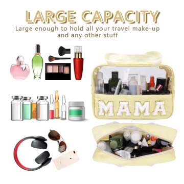 Iqimott Chenille Letter Patch Mama Bag, Preppy Clear Makeup Cosmetic Bag Large Toiletry Storage Tote Bag with Handle, Transparent Nylon Waterproof Organizer Zipper Pouch for Travel Women Girls(Beige)