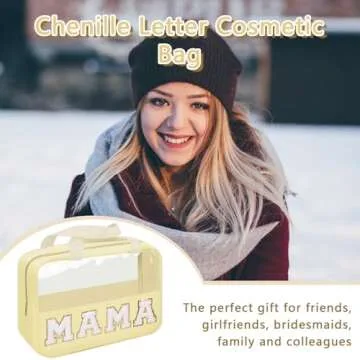 Iqimott Chenille Letter Patch Mama Bag, Preppy Clear Makeup Cosmetic Bag Large Toiletry Storage Tote Bag with Handle, Transparent Nylon Waterproof Organizer Zipper Pouch for Travel Women Girls(Beige)