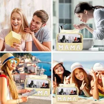 Iqimott Chenille Letter Patch Mama Bag, Preppy Clear Makeup Cosmetic Bag Large Toiletry Storage Tote Bag with Handle, Transparent Nylon Waterproof Organizer Zipper Pouch for Travel Women Girls(Beige)