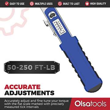 Olsa Tools Split Beam Torque Wrench, 1/2 inch Drive, -4% Accuracy (50-250 ft-lb Torque Range) | Flat Flex Head Ratchet | Professionally Certified, Calibrated and Accurate | For Cars and Mechanics