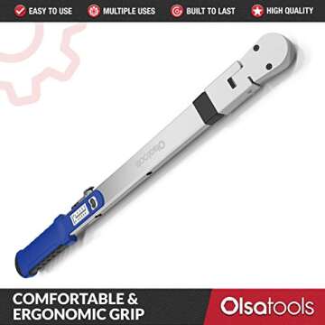 Olsa Tools Split Beam Torque Wrench, 1/2 inch Drive, -4% Accuracy (50-250 ft-lb Torque Range) | Flat Flex Head Ratchet | Professionally Certified, Calibrated and Accurate | For Cars and Mechanics