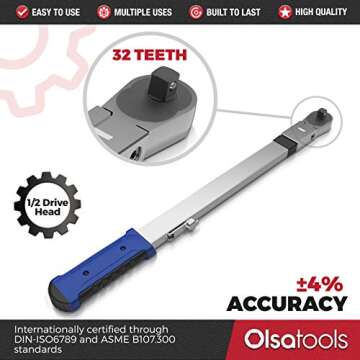 Olsa Tools Split Beam Torque Wrench, 1/2 inch Drive, -4% Accuracy (50-250 ft-lb Torque Range) | Flat Flex Head Ratchet | Professionally Certified, Calibrated and Accurate | For Cars and Mechanics