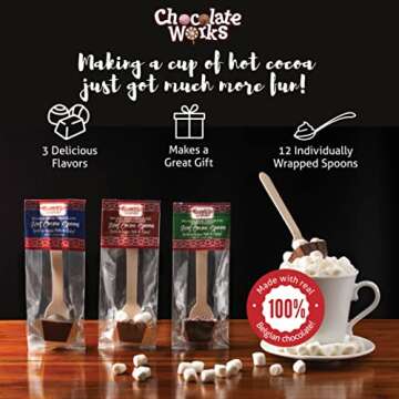 Hot Chocolate Spoons by Chocolate Works, Flavor Variety Pack - Belgian Dark Chocolate, Milk Chocolate & Marshmallows, Peppermint, Cocoa Bomb for Hot Chocolate