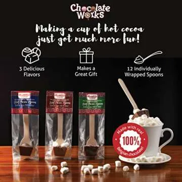 Hot Chocolate Spoons by Chocolate Works, Flavor Variety Pack - Belgian Dark Chocolate, Milk Chocolate & Marshmallows, Peppermint, Cocoa Bomb for Hot Chocolate