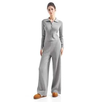 SUUKSESS Women Knit Long Sleeve Lounge Sets Ribbed Button Down Matching Comfy Two Piece Sets (Grey,XL)