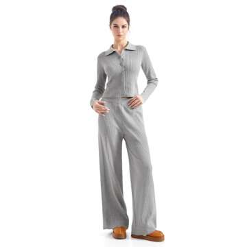 SUUKSESS Women Knit Long Sleeve Lounge Sets Ribbed Button Down Matching Comfy Two Piece Sets (Grey,XL)