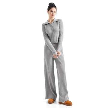 SUUKSESS Women Knit Long Sleeve Lounge Sets Ribbed Button Down Matching Comfy Two Piece Sets (Grey,XL)