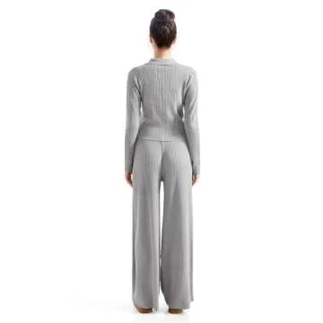 SUUKSESS Women Knit Long Sleeve Lounge Sets Ribbed Button Down Matching Comfy Two Piece Sets (Grey,XL)
