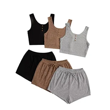 SOLY HUX Womens Pajamas Lounge Set 3 Sets Sleepwear Rib Knit Crop Tank Top and Shorts
