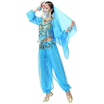 Lauthen.S Women Belly Dance Outfit Coins Top Pants Face Veil Set Halloween Costume Blue
