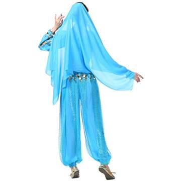 Lauthen.S Women Belly Dance Outfit Coins Top Pants Face Veil Set Halloween Costume Blue