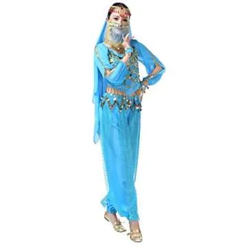 Lauthen.S Women Belly Dance Outfit Coins Top Pants Face Veil Set Halloween Costume Blue