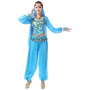 Lauthen.S Women Belly Dance Outfit Coins Top Pants Face Veil Set Halloween Costume Blue