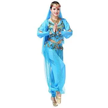 Lauthen.S Women Belly Dance Outfit Coins Top Pants Face Veil Set Halloween Costume Blue