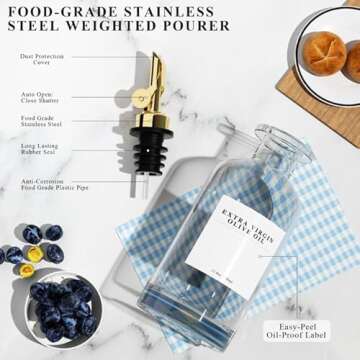 TIMIFTE 2 Pack Olive Oil Dispensers Bottle for Kitchen, Glass Cooking Oil Dispenser, Oil and Vinegar Dispenser Set with Weighted Pourer and 40 Labels, Gold 12 oz