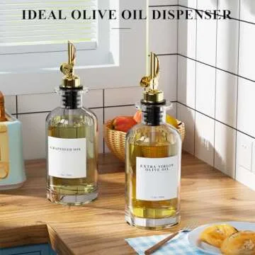 TIMIFTE 2 Pack Olive Oil Dispensers Bottle for Kitchen, Glass Cooking Oil Dispenser, Oil and Vinegar Dispenser Set with Weighted Pourer and 40 Labels, Gold 12 oz