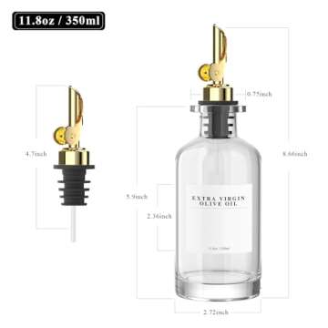 TIMIFTE 2 Pack Olive Oil Dispensers Bottle for Kitchen, Glass Cooking Oil Dispenser, Oil and Vinegar Dispenser Set with Weighted Pourer and 40 Labels, Gold 12 oz