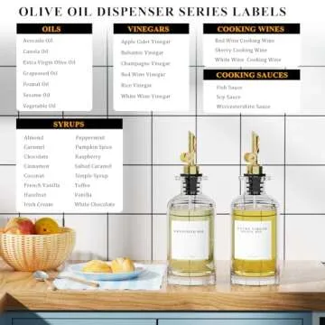 TIMIFTE 2 Pack Olive Oil Dispensers Bottle for Kitchen, Glass Cooking Oil Dispenser, Oil and Vinegar Dispenser Set with Weighted Pourer and 40 Labels, Gold 12 oz