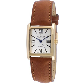 Peugeot Women's 14K Gold Plated Tank Leather Dress Watch with Roman Numerals Dial, Brown