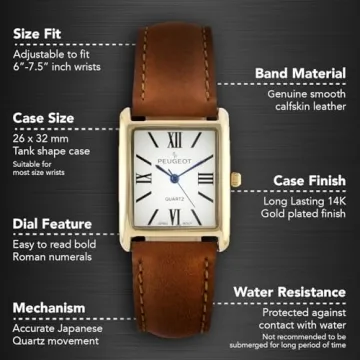 Elegant Peugeot Women's 14K Gold Plated Tank Dress Watch