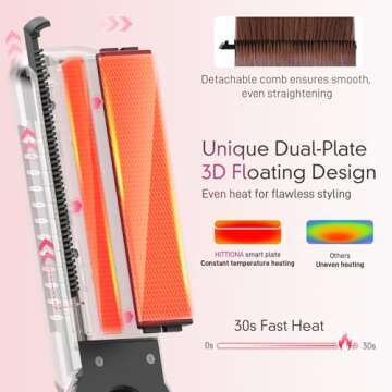 Ionic Flat Iron Hair Straightener - 1.3 Inch Ceramic Plate with Infrared for Anti-Frizz, Detachable Comb for Smooth Hair, LCD Temperature Control, Dual Voltage Travel Flat Iron for All Hair Types