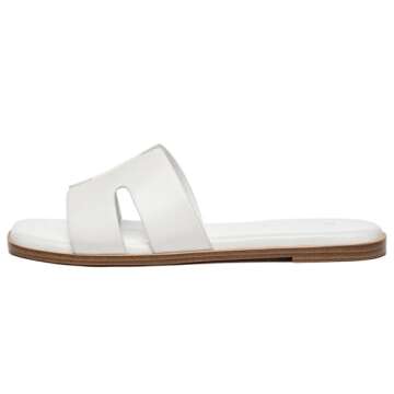 Rihero Women's Dressy Flat Sandals Comfortable Slip On Leather Slide White Sandals Size 6