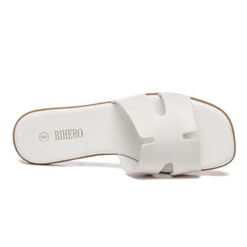 Rihero Women's Dressy Flat Sandals Comfortable Slip On Leather Slide White Sandals Size 6