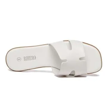 Rihero Women's Dressy Flat Sandals Comfortable Slip On Leather Slide White Sandals Size 6