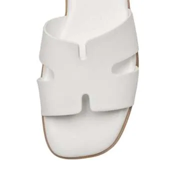 Rihero Women's Dressy Flat Sandals Comfortable Slip On Leather Slide White Sandals Size 6