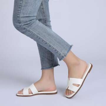 Rihero Women's Dressy Flat Sandals Comfortable Slip On Leather Slide White Sandals Size 6
