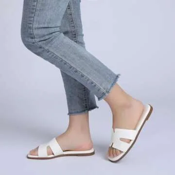 Rihero Women's Dressy Flat Sandals Comfortable Slip On Leather Slide White Sandals Size 6