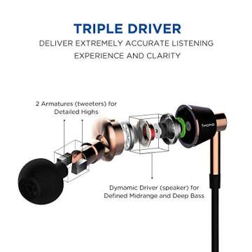 1MORE Triple Driver In-Ear Earphones Hi-Res Headphones with High Resolution, Bass Driven Sound, MEMS Mic, In-Line Remote, High Fidelity for Smartphones/PC/Tablet - Gold