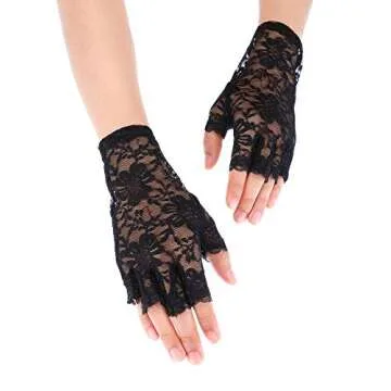 Women Short Lace Gloves Sunblock Fingerless Bridal Wrist Gloves Opera Evening Wedding Tea Party Prom Cosplay 1920s(Classic Black,Lace)