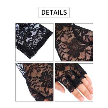 Women Short Lace Gloves Sunblock Fingerless Bridal Wrist Gloves Opera Evening Wedding Tea Party Prom Cosplay 1920s(Classic Black,Lace)