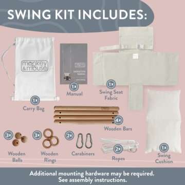 Monkey & Mouse Baby Swing Seat, Secure Canvas and Wooden Hanging Swing Chair for Baby, Infant, Toddler, Kids Toys - Indoor and Temporary Outdoor Hammock for Indoor Playground, Tree Swings or Backyard