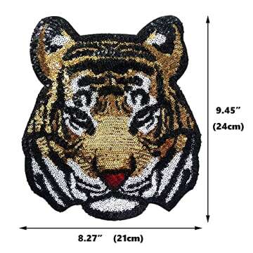 Locomo Large Sequin Tiger Head Iron On Patch for Modish Clothing Decoration