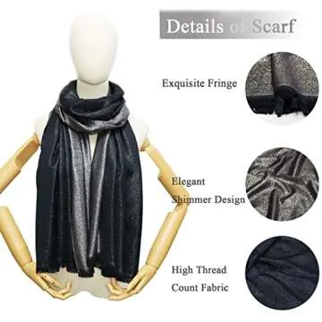 Gragengs Women's Sparkling Metallic Pashmina Shawls and Wraps Long Party Scarf Solid Color Two Tone,Black/Silver