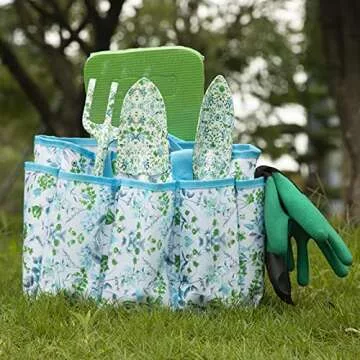 Garden Tool Set 9 Piece Aluminum Alloy Gardening Hand Tools Kit Gift for Women & Parent Gardening Supplies with Gloves,Tote,Kneeling Pad,Hand Pruner,Trowel,Hand Rake,Weeder,Fork,Transplanter