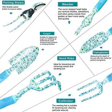 Garden Tool Set 9 Piece Aluminum Alloy Gardening Hand Tools Kit Gift for Women & Parent Gardening Supplies with Gloves,Tote,Kneeling Pad,Hand Pruner,Trowel,Hand Rake,Weeder,Fork,Transplanter
