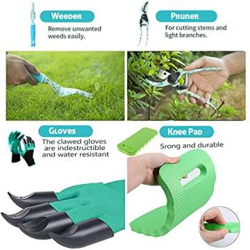Garden Tool Set 9 Piece Aluminum Alloy Gardening Hand Tools Kit Gift for Women & Parent Gardening Supplies with Gloves,Tote,Kneeling Pad,Hand Pruner,Trowel,Hand Rake,Weeder,Fork,Transplanter