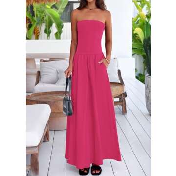PRETTYGARDEN Women's 2025 Summer Strapless Maxi Dresses Patchwork Long Flowy Elegant Going Out Tube Top Dress with Pockets (Rose Red,Small)