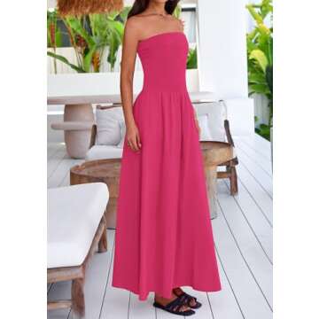 PRETTYGARDEN Women's 2025 Summer Strapless Maxi Dresses Patchwork Long Flowy Elegant Going Out Tube Top Dress with Pockets (Rose Red,Small)