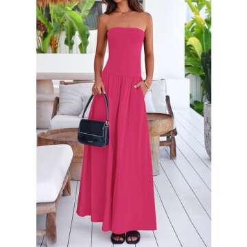 PRETTYGARDEN Women's 2025 Summer Strapless Maxi Dresses Patchwork Long Flowy Elegant Going Out Tube Top Dress with Pockets (Rose Red,Small)